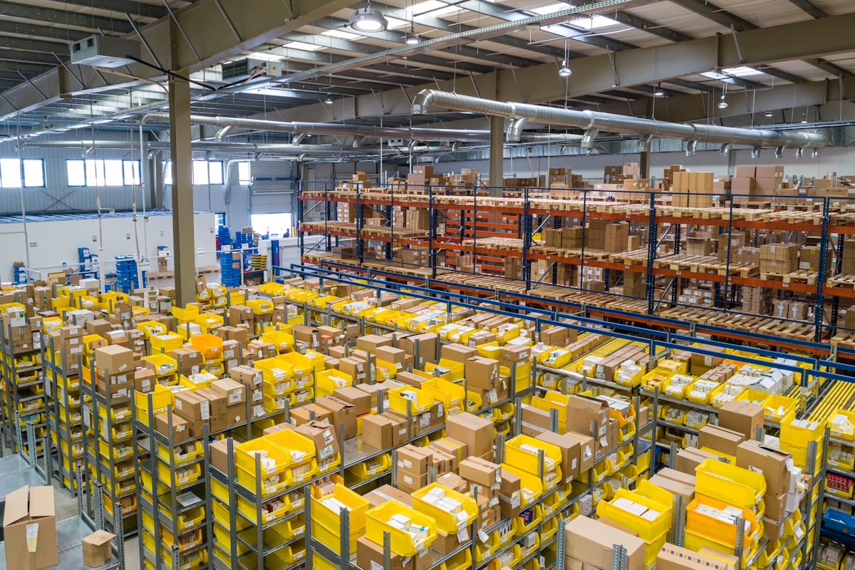 Distribution warehouse floor with stocked shelving