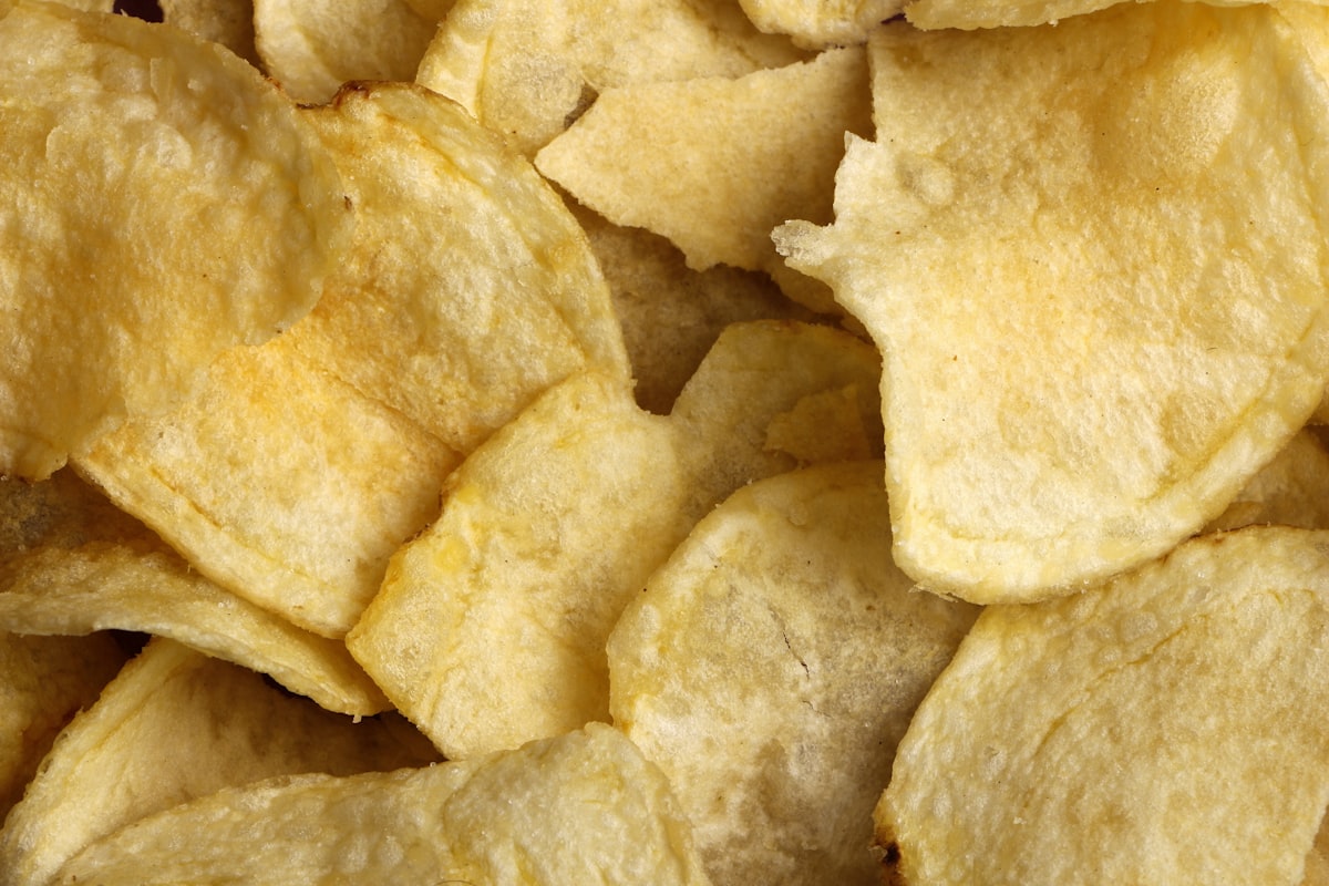 Close-up of golden kettle-cooked potato chips