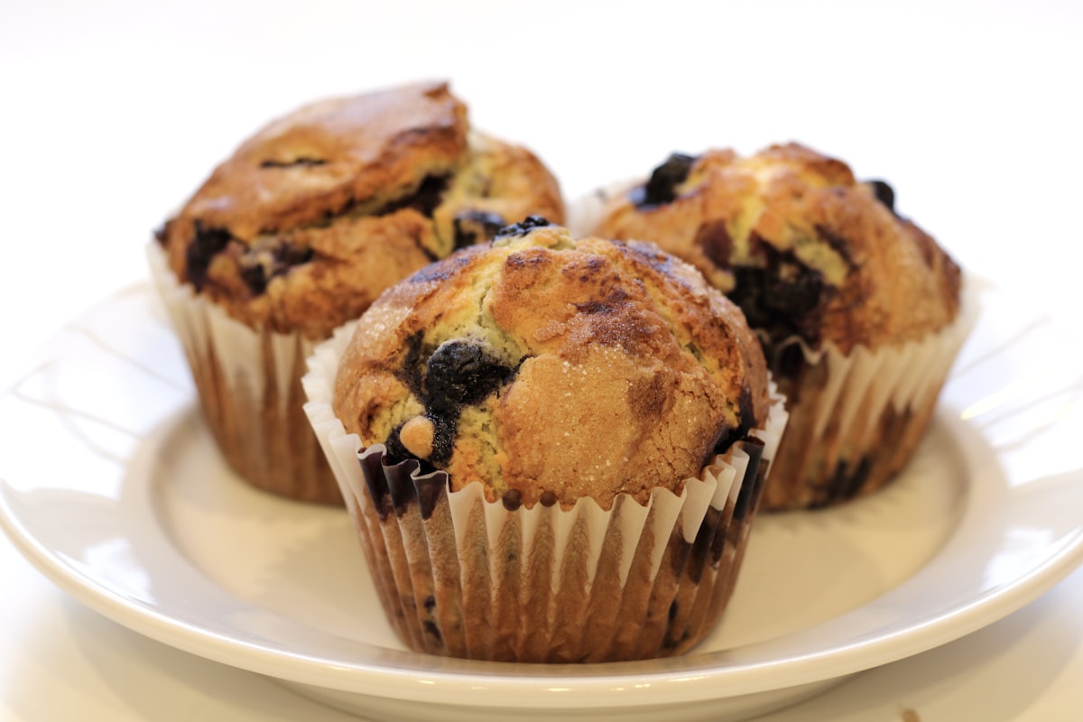 Fresh blueberry muffins on a white plate